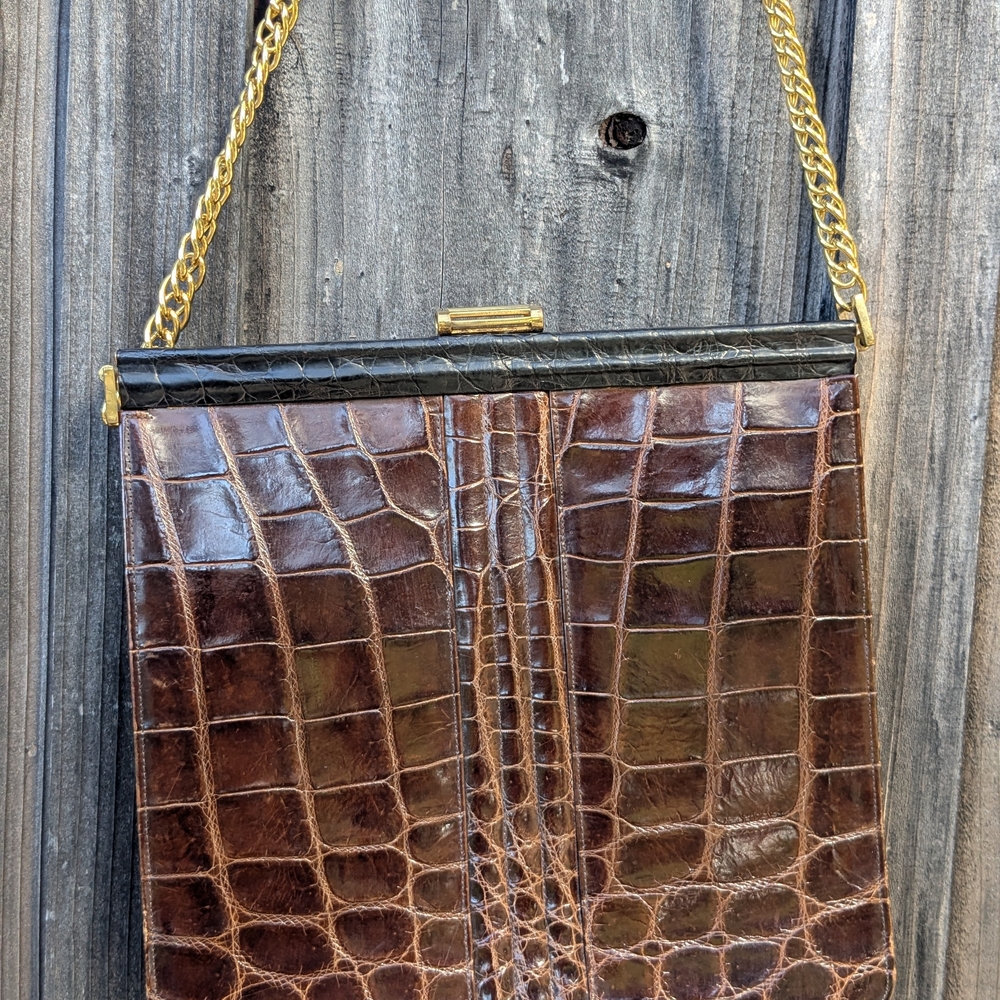 DEITSCH Crocodile Pattern Clutch with Gold Chain